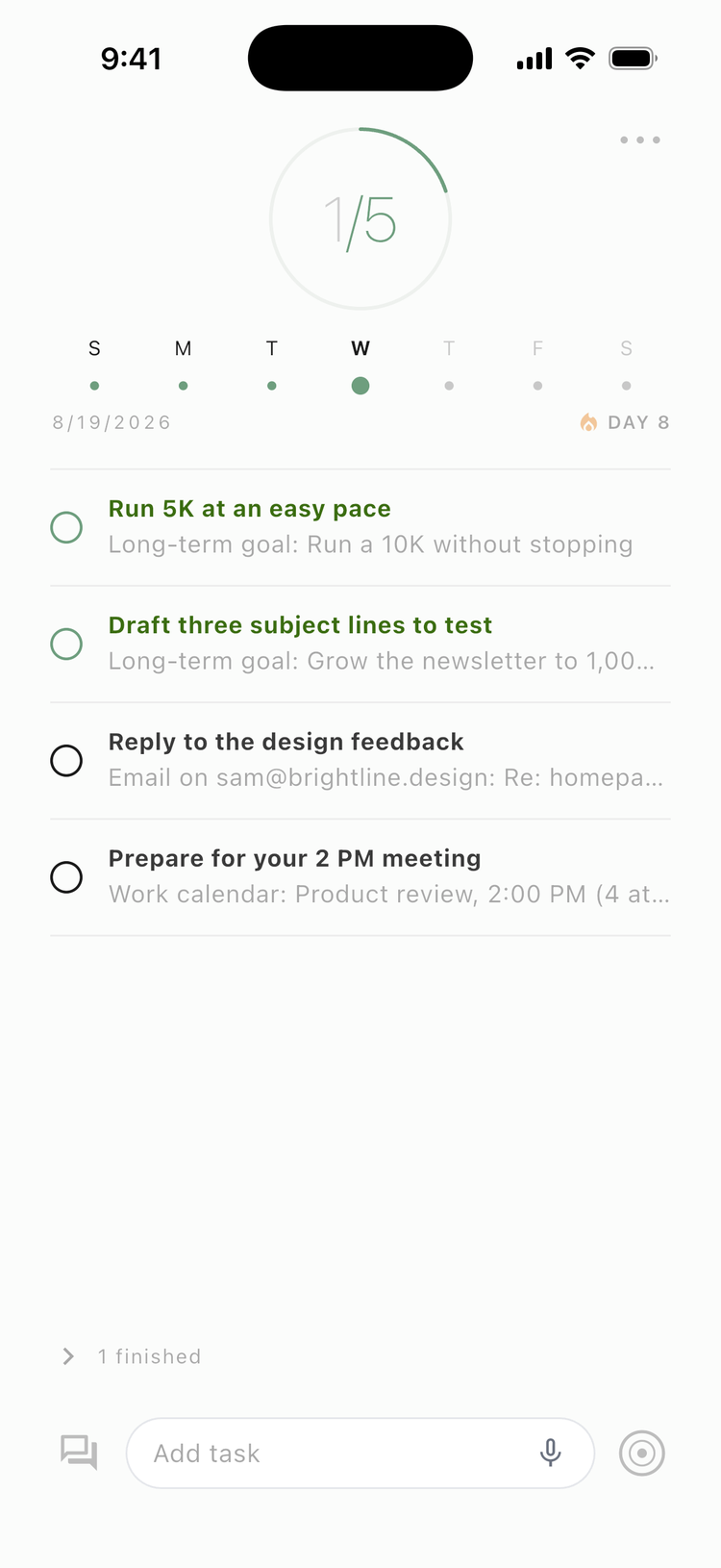 The do5 app: today's priorities, the daily progress ring and the week strip